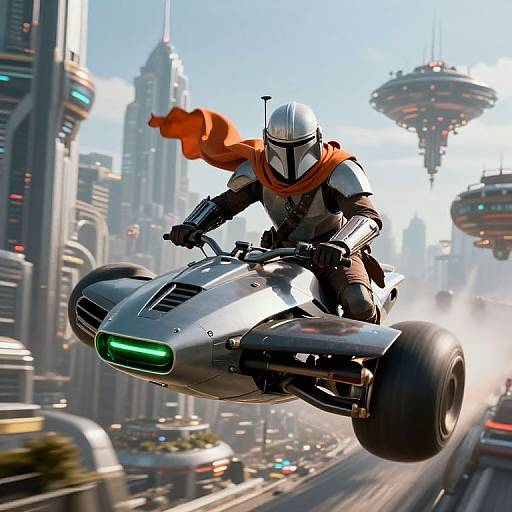 Digital artwork of a futuristic armored rider with a helmet and orange scarf, riding a sleek, silver hoverbike through a bustling, high-tech cityscape with