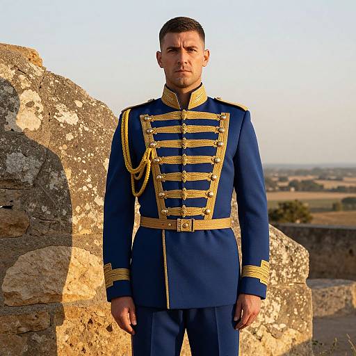 Photograph of a serious, short-haired man in a blue and gold military-style uniform standing against a sunlit, rocky fortress background.