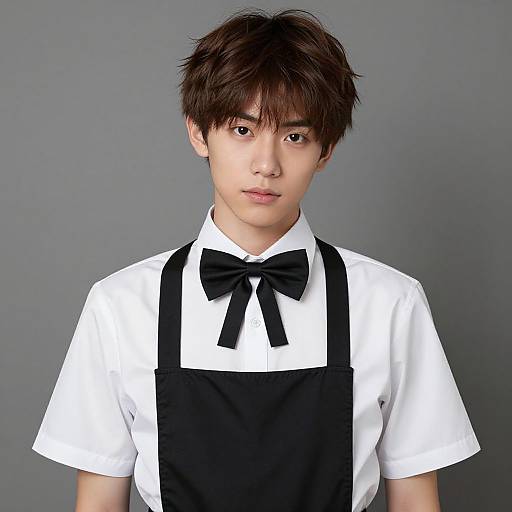 Photograph of an Asian male with short, dark brown hair, wearing a white shirt, black bow tie, and black apron, against a gray