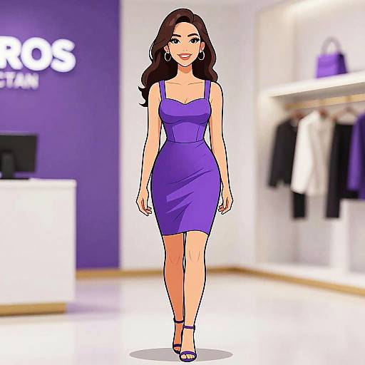 Digital drawing of a smiling woman with long brown hair in a tight, purple, sleeveless dress and heels, walking in a brightly lit clothing store with