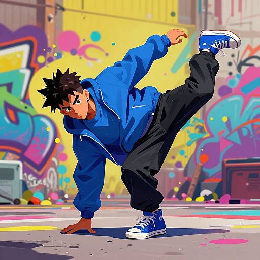 Digital anime-style illustration of a young man with spiky black hair, wearing a blue hoodie, black pants, and blue sneakers, balancing on one hand