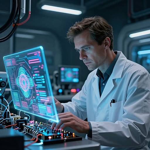 Photograph of a focused male scientist in a white lab coat, operating a glowing blue holographic control panel in a futuristic, dimly-lit laboratory