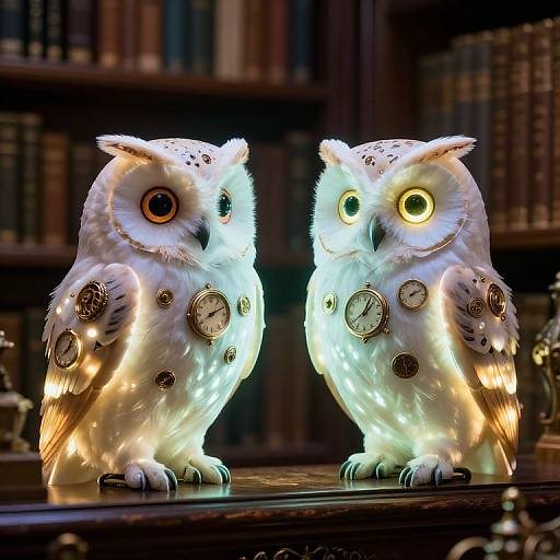 Photograph of two glowing, white, owl-shaped lamp decorations with clock faces, standing on a wooden surface in a book-filled library.