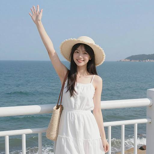 Smiling Girl by the Ocean Railing