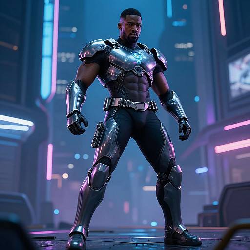 CGI image of a muscular Black man in shiny, futuristic black and silver armor standing confidently in a neon-lit, futuristic cityscape.