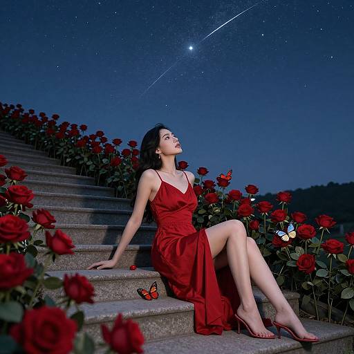 Photograph of a woman in a red dress, seated on stone steps, surrounded by red roses, under a starry night sky with a shooting star