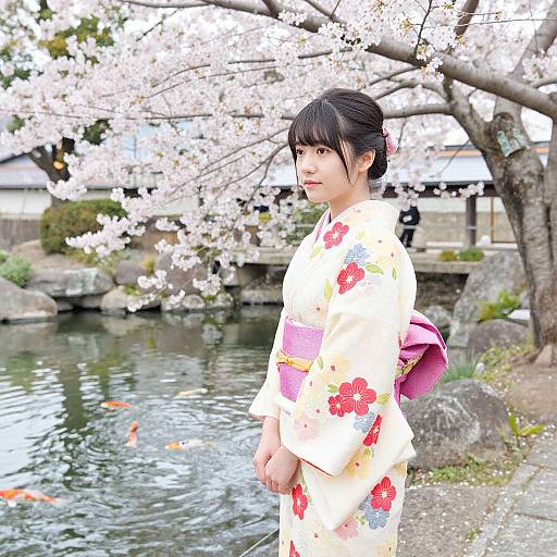 Young Japanese woman in floral kimono stands by cherry blossom tree beside pond with orange koi fish, pink backpack visible. Photographic image.