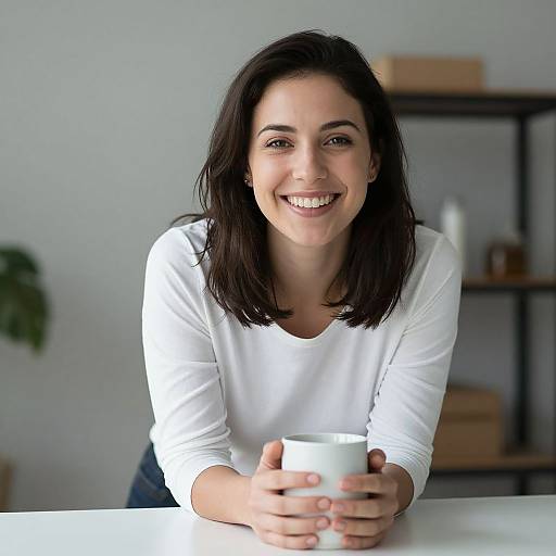 Photograph of a smiling woman with straight black hair, wearing a white long-sleeve shirt, holding a white mug, in a modern, light