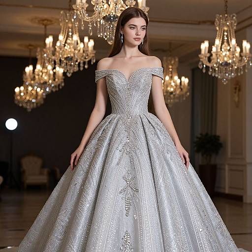 Photograph of a beautiful brunette woman in an off-shoulder, silver, beaded ball gown with a voluminous skirt, standing in an op