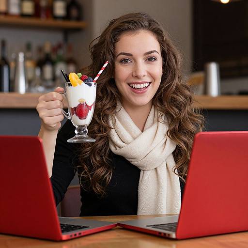 Photograph of a smiling woman with long brown hair, white scarf, black top, holding a dessert-topped parfait, in front of two red laptops