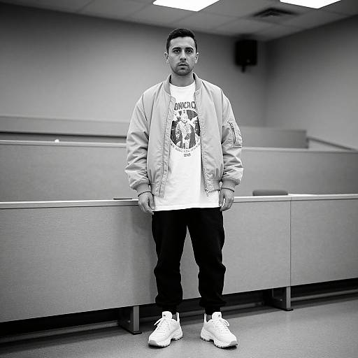 Stylish Man in Monochrome Lecture Hall