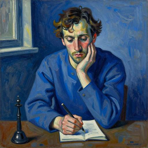 Oilscape painting: contemplative man with wavy brown hair, blue shirt, resting chin on hand, writing with pen, blue and brown tones