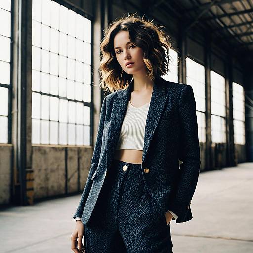 Fashion Model with Wavy Crop Hairstyle in Industrial Warehouse