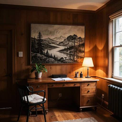 Cozy Wooden Study with Landscape Painting