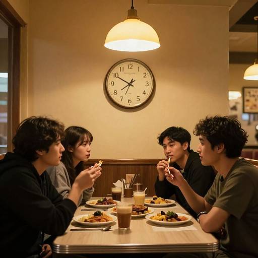 Photograph of four young Asian men with curly hair, seated at a wooden table in a warmly lit restaurant, eating and chatting, with a clock on