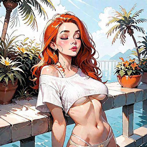 Redhead Woman Relaxing on Resort Balcony