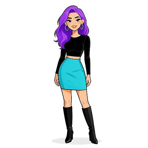 Digital illustration of a stylish woman with purple hair, wearing a black long-sleeve top, turquoise skirt, black knee-high boots, and large hoop