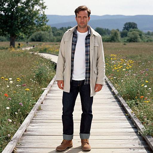 Photograph of a bearded man with short brown hair, wearing a white t-shirt, plaid shirt, dark jeans, and brown boots, standing