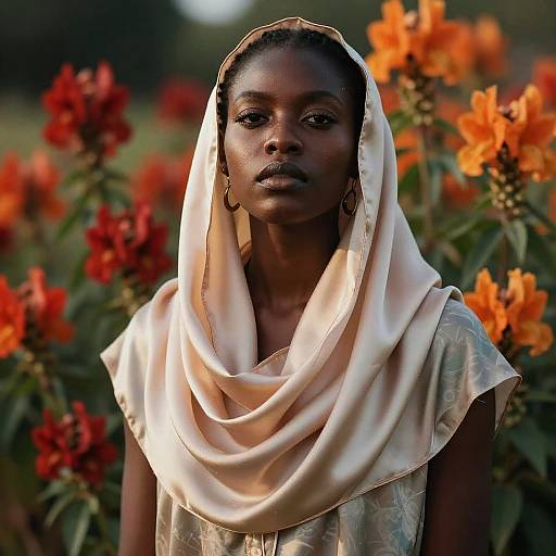 Photograph of a serious African woman with dark skin, wearing a white headscarf and patterned dress, surrounded by vibrant orange flowers.