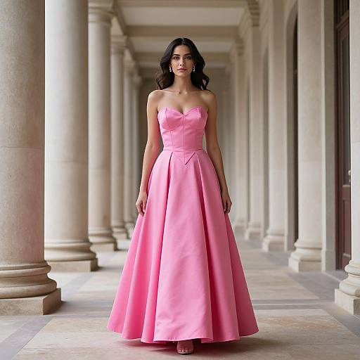 Photograph of a dark-haired woman in a strapless, pink, floor-length ball gown, standing in a sunlit, columned hallway.