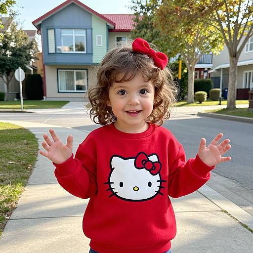 Photograph of a curly-haired toddler girl in a red Hello Kitty sweater, with a red bow, waving on a suburban sidewalk.