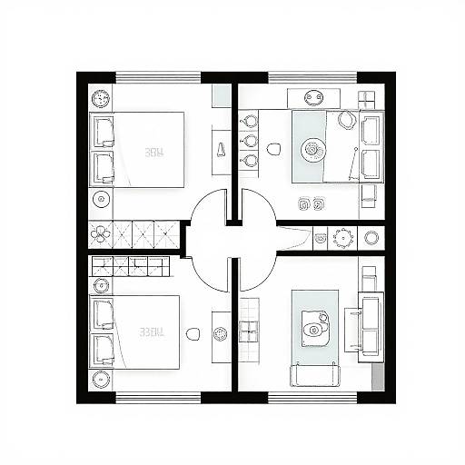 Black and white architectural floor plan of a two-bedroom apartment with circular central hallway, detailed furniture layouts, and bathroom.