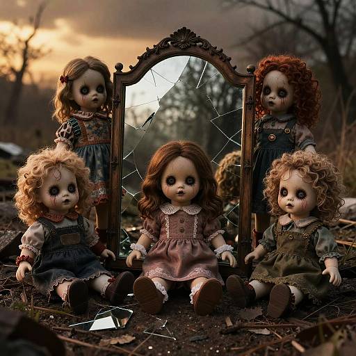 Scary Dolls Around Broken Mirror