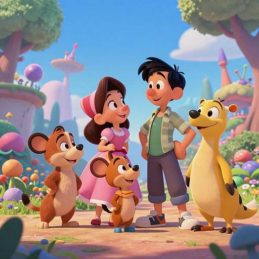 CGI image of a cheerful family with a girl in pink dress, boy in green shirt, and three animated animals in a colorful, whimsical garden