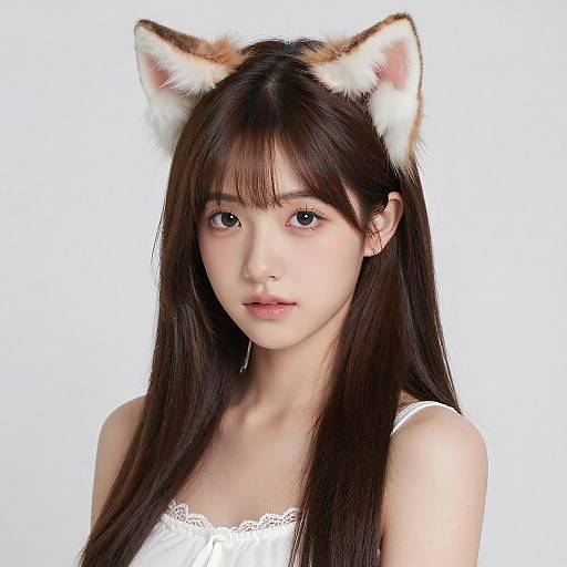 Photograph of a young Asian woman with long dark hair, wearing white lace top and fox ears headband, against a white background.