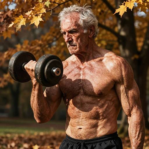Photograph of a muscular, elderly man with white hair, shirtless, holding a black dumbbell, exercising outdoors in autumn with orange leaves.
