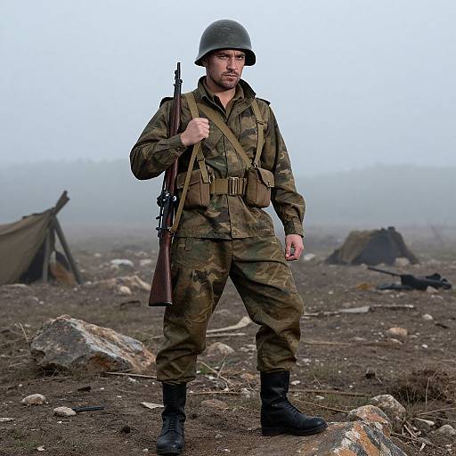 Photograph of a bearded soldier in WWII-era camouflage uniform, helmet, and boots, holding a rifle, standing in a foggy, rocky,