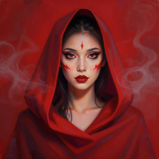 Digital painting of a mysterious woman with pale skin, red hood, red face markings, smoky background, and intense red eyes.