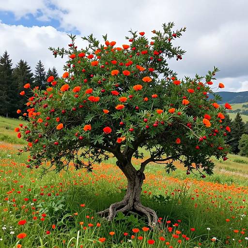 Photograph of a vibrant orange poppy tree with bright red flowers, rooted in a lush green meadow, under a partly cloudy sky with distant ever