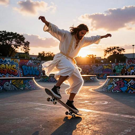 Photograph of a young man with long curly hair, wearing a white traditional outfit, skateboarding in a graffiti-covered skatepark at sunset.