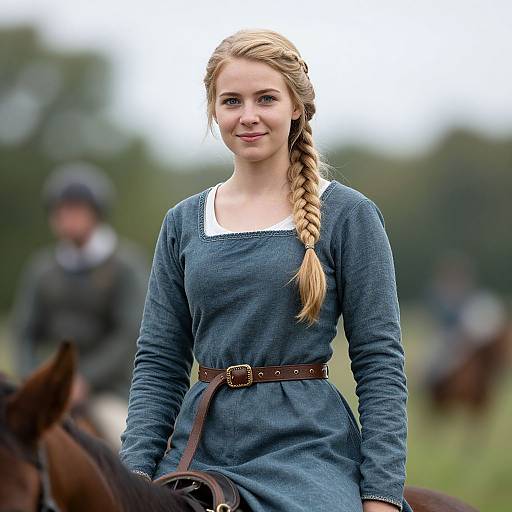 Photograph of a young blonde woman with a braided ponytail, wearing a blue long-sleeve dress and brown belt, riding a horse in