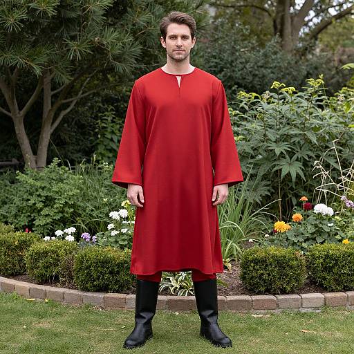 Photograph of a man with short brown hair, light skin, wearing a bright red long tunic and black boots, standing in a lush garden with