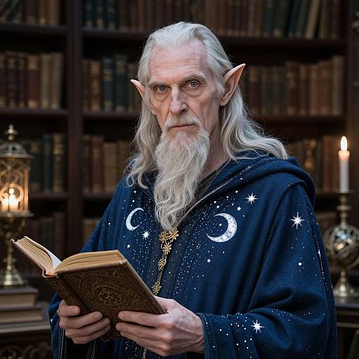 Photograph of an elderly, white-haired, pointed-eared wizard with a long beard, wearing a starry black robe, reading an ornate book