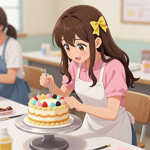 Anime-style digital illustration of a cute brown-haired girl in a pink shirt and white apron, decorating a colorful cake with fruit. Bright, cheerful kitchen