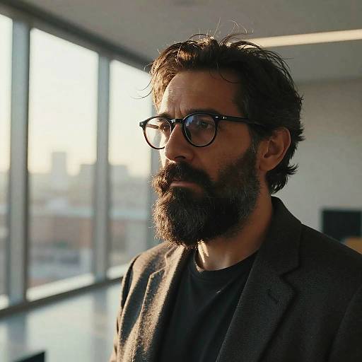 Photograph of a bearded, dark-haired man with glasses, wearing a gray blazer over a black shirt, standing near sunlit windows.
