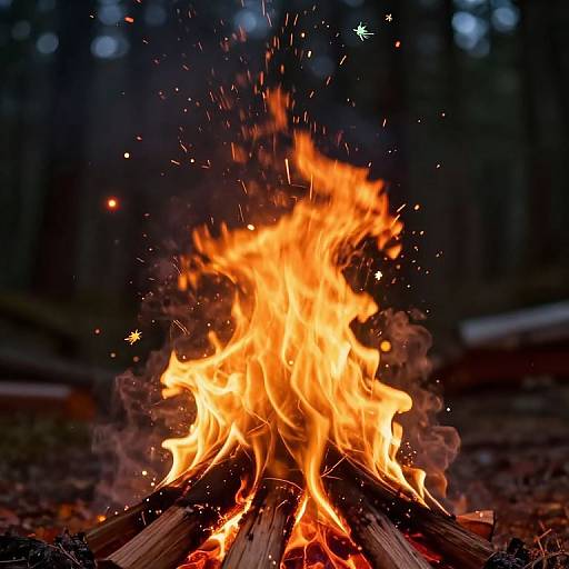 Photograph of a vibrant, orange campfire with bright flames and sparkling embers, set against a dark, blurred forest background.