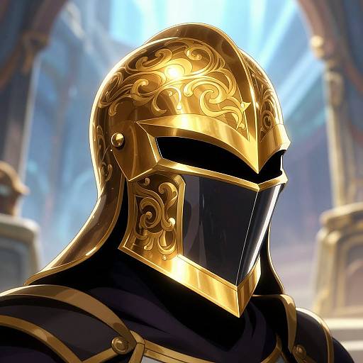 CGI image of a masked knight in ornate, gold, and black armor with intricate designs, standing in a sunlit, grand cathedral.
