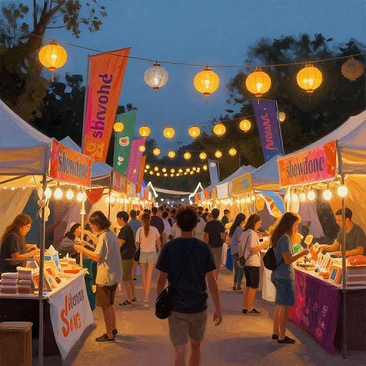 Photograph of a lively evening market with colorful food stalls, warm lanterns, and crowds of people under a twilight sky.