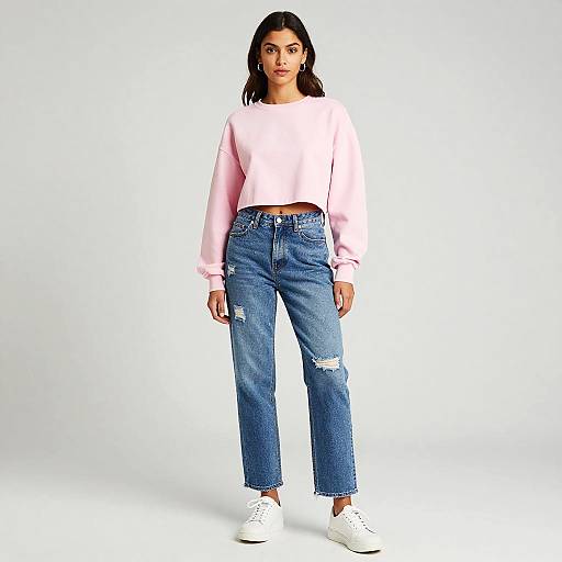 Young Woman in Pink Cropped Sweatshirt and Distressed Jeans