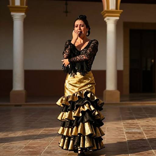 Photograph of a woman in a black lace, gold ruffled Flamenco dress, standing in a sunlit courtyard with white columns. She covers her