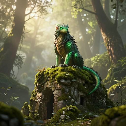 Digital fantasy artwork of a green, dragon-like creature with scales and spikes, sitting on a mossy stone ruin in a sunlit forest.