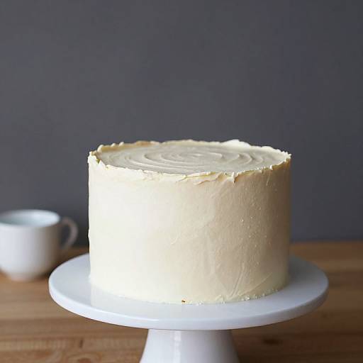Photograph of a plain, cream-colored, frosted cake on a white stand, against a dark gray background, with a white cup in the blurred