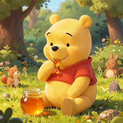 Digital illustration of Winnie the Pooh, golden-yellow bear, in red shirt, licking honey from jar in sunlit forest, surrounded by rabbits and