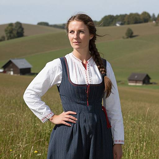 Photograph of a young woman with light skin and brown hair in a braid, wearing a white blouse and blue pinafore dress, standing in