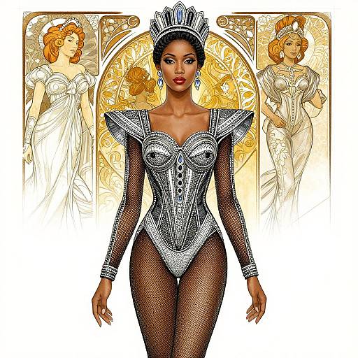 Digital artwork of a dark-skinned woman with a crown, wearing a silver, textured, mesh bodysuit with high shoulders, and fishnet stockings
