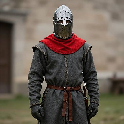 Photograph of a medieval knight in a silver helmet, red scarf, dark gray tunic, brown belt, and black gloves, standing in front of